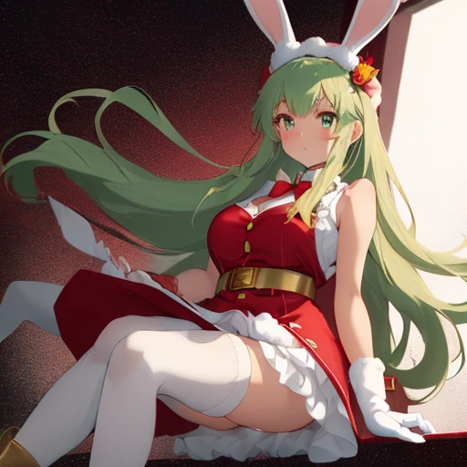 (Girl), (anime),(Full body portrait),(solo portrait), (young), (pretty), (hot), (white), (height 1.72 cm), (long green hair and green eyes), (21 years old), (super body mature),(with gigantic breasts with a bust size of 350cm),(big ass),(wearing),+,(wearing a bunny hat made of pink and white wool with ears approximately 15 cm tall. She wears a red dress that reaches mid-thigh (45 cm), sleeveless and with a high neckline adorned by white details, and a waist marked by a golden sash. The edge of the skirt is decorated with 3 cm of white artificial fur. She wears white padded cotton gloves that cover up to her wrists (20 cm), shaped like rabbit paws. The character also wears an adjustable gold leather belt (70 cm) with a 10 cm decorative buckle. Her red synthetic leather boots reach below the knee (35 cm) and are decorated with 5 cm of white fur on the top and ankle. Attached to the back of the dress is an 8-inch red bunny tail. Finally, she wears a red vest with gold details, sleeveless, length to her waist (30 cm) and closed at the front with buttons.")