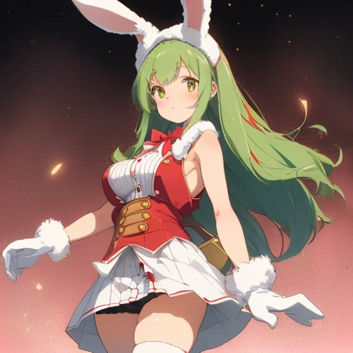 (Girl), (anime),(Full body portrait),(solo portrait), (young), (pretty), (hot), (white), (height 1.72 cm), (long green hair and green eyes), (21 years old), (super body mature),(with gigantic breasts with a bust size of 350cm),(big ass),(wearing),+,(wearing a bunny hat made of pink and white wool with ears approximately 15 cm tall. She wears a red dress that reaches mid-thigh (45 cm), sleeveless and with a high neckline adorned by white details, and a waist marked by a golden sash. The edge of the skirt is decorated with 3 cm of white artificial fur. She wears white padded cotton gloves that cover up to her wrists (20 cm), shaped like rabbit paws. The character also wears an adjustable gold leather belt (70 cm) with a 10 cm decorative buckle. Her red synthetic leather boots reach below the knee (35 cm) and are decorated with 5 cm of white fur on the top and ankle. Attached to the back of the dress is an 8-inch red bunny tail. Finally, she wears a red vest with gold details, sleeveless, length to her waist (30 cm) and closed at the front with buttons.")