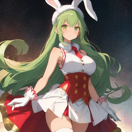 (Girl), (anime),(Full body portrait),(solo portrait), (young), (pretty), (hot), (white), (height 1.72 cm), (long green hair and green eyes), (21 years old), (super body mature),(with gigantic breasts with a bust size of 350cm),(big ass),(wearing),+,(wearing a bunny hat made of pink and white wool with ears approximately 15 cm tall. She wears a red dress that reaches mid-thigh (45 cm), sleeveless and with a high neckline adorned by white details, and a waist marked by a golden sash. The edge of the skirt is decorated with 3 cm of white artificial fur. She wears white padded cotton gloves that cover up to her wrists (20 cm), shaped like rabbit paws. The character also wears an adjustable gold leather belt (70 cm) with a 10 cm decorative buckle. Her red synthetic leather boots reach below the knee (35 cm) and are decorated with 5 cm of white fur on the top and ankle. Attached to the back of the dress is an 8-inch red bunny tail. Finally, she wears a red vest with gold details, sleeveless, length to her waist (30 cm) and closed at the front with buttons.")