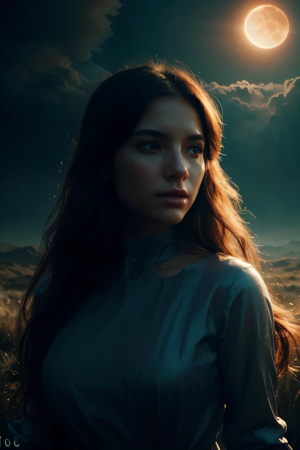 a surreal fantasy landscape with a girl lost in the midst of multiple eclipses, ethereal lighting, dramatic clouds, glowing sun and moon, detailed facial features, flowing hair, elegant dress, serene atmosphere, vibrant colors, cinematic composition, digital painting style