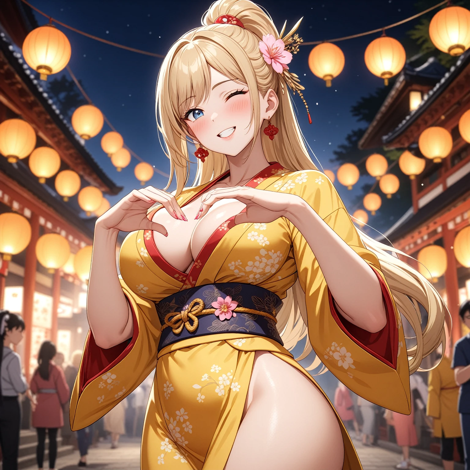((One woman)), Beautiful Face,Laughing embarrassedly,((Wink:2.0)),Blushing,Glossy pink lips,night,Shrine Festivals,firework, ((Anime style background)),masterpiece, highest quality, so beautiful, up to date, Complex details, (Pink long nails),AI-generated, Complex,High resolution, highest quality, super high quality,3D Images、View the viewers、3D Images,one person,Long Blonde Hair,High Ponytail,blue eyes,Anime woman posing for a photo, [[Fine grain、Colorful eyes、Shining Eyes:1.15]],(Squint your eyes:1.1),a hyperRealistic , hyperRealistic , Realistic,Blonde anime woman with long hair, Smooth anime CG art, A woman in a colorful kimono with gold embroidery, Yellow kimono,Flower pattern kimono,Long flower hair ornament,Earrings,(Large Breasts:1.2),Mature Body,tall,Big Ass,Fine details,Trained abdominal muscles,(A woman making a heart sign with her hands),Put your hands together