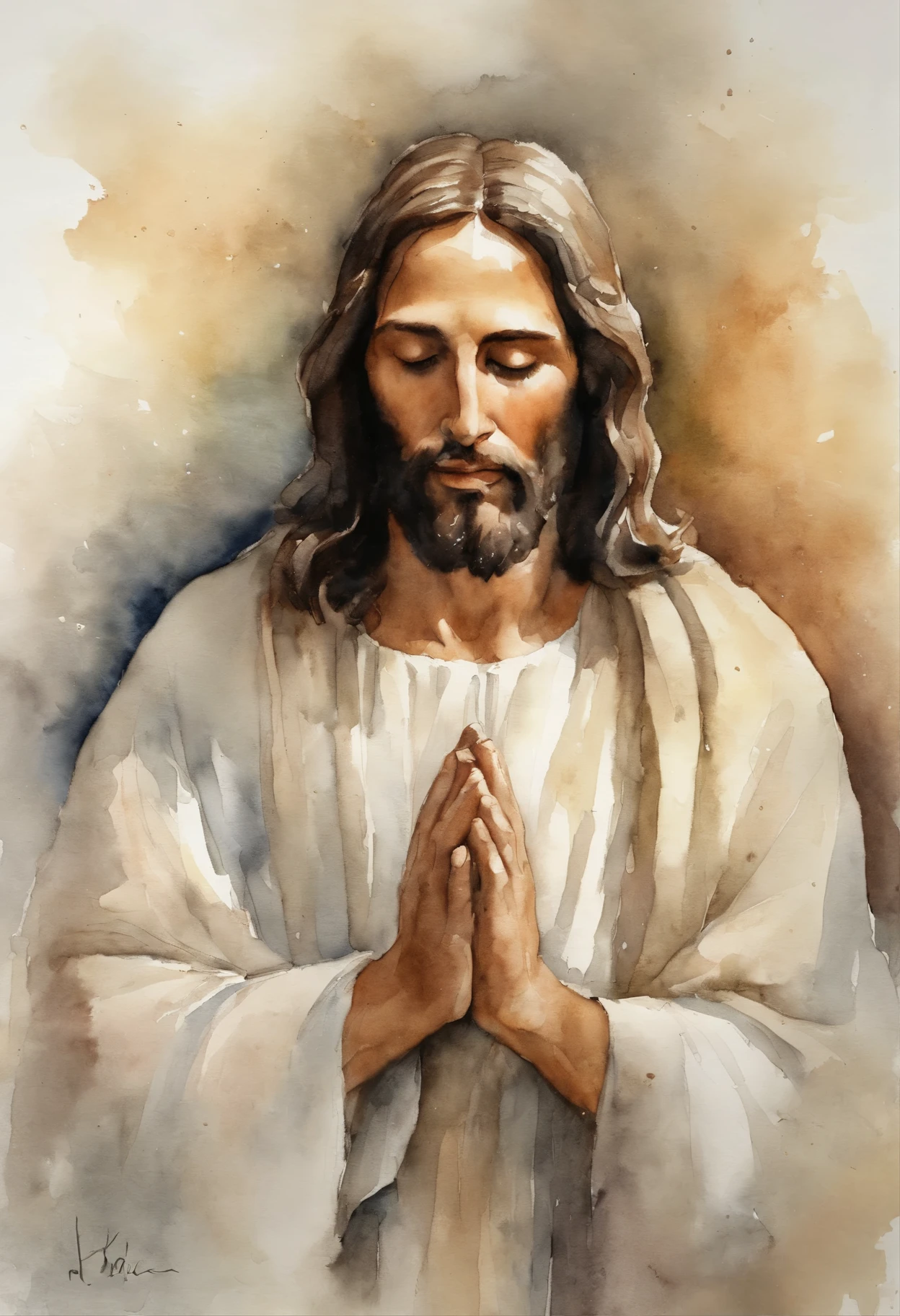 "Generate an image of Jesus in your profile, Capture in moments of deep prayer, Gently clasp your hands together."