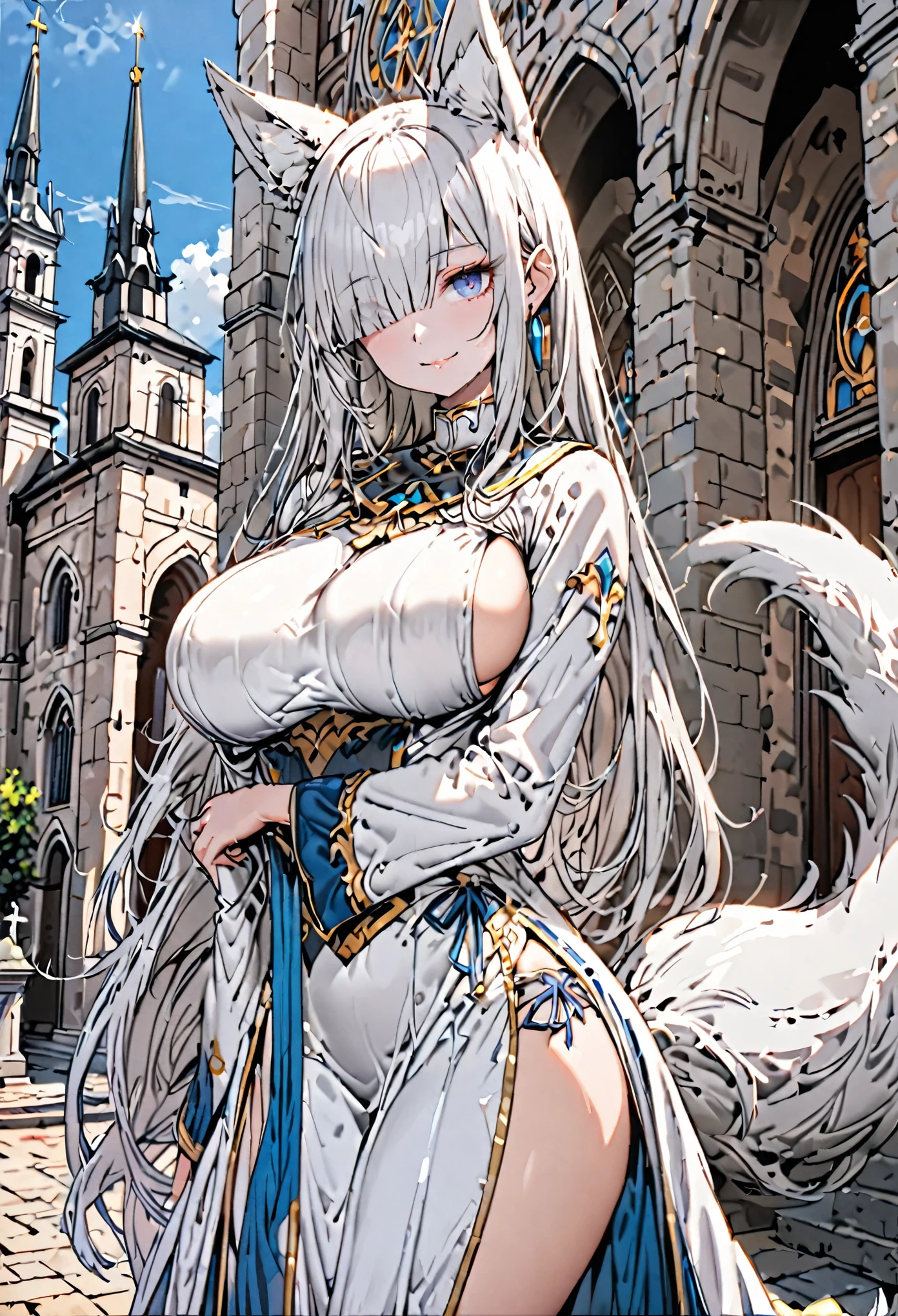 solo, female, sfw, medium shot, summer, silver hair, long hair, straight bangs, blue eyes, western architecture, church, fox tail, single tail, silver fox ears, silver tail, huge breasts, priestess, bangs over one eye, gentle smile, day