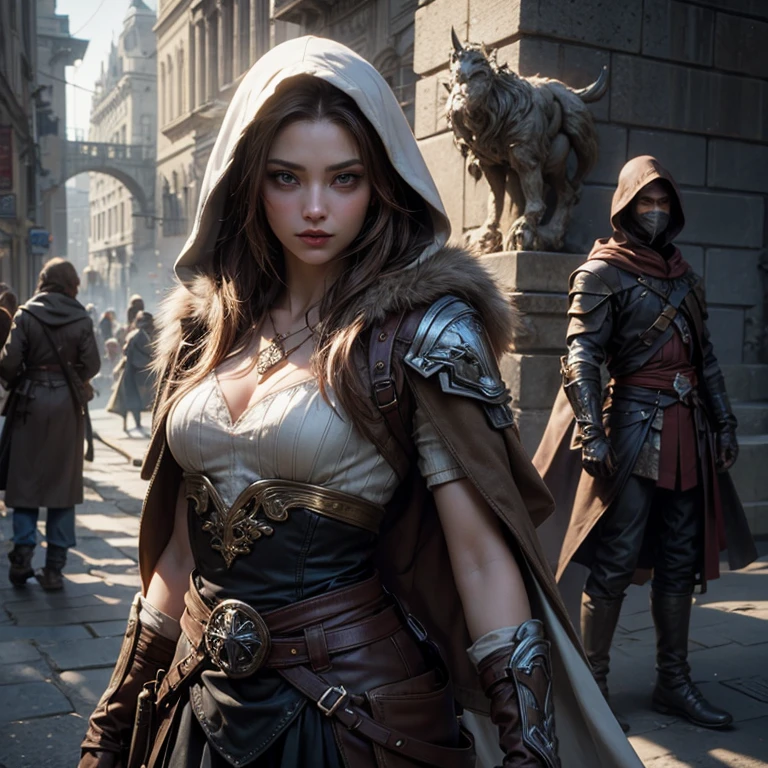 A full-body shot of Princess Zelda, brown hair, blue eyes, dressed as an Assassin from Assassins Creed, in white+gold witha white mask and hood with gold details, XL bust, using a wrist blade. Background: A city during the renaissance period. Unreal Engine 5, Anime, Anime style, Masterpiece, Well drawn eyes, well drawn face, well detailed eyes, well detailed face, 8k, light and shadow effect.