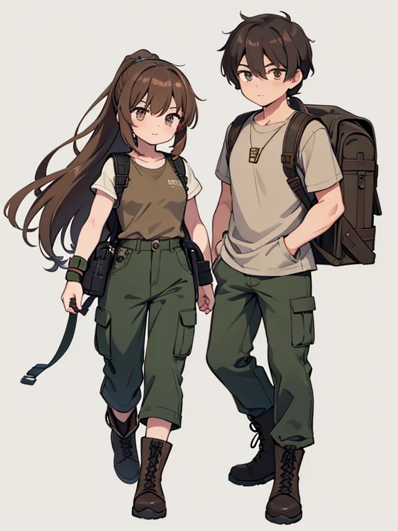 Two characters in a scene boy and girl (absolutely identical twins brother and sister)with the same cute beautiful girlish features, The first character is a handsome, modest, round-faced, brown-eyed boy with an ideal masculine physique., with semi-long brown hair tied in a ponytail, Military style (marsh color T-shirt, military style trousers with patch pockets, massive high infantry boots, backpack), and the second character is strong, very muscular feminist girl with aesthetic small breasts with beautiful erect nipples, with very tousled shaggy semi-long brown hair, hair between the eyes, Brown eyes, beautiful face, an athlete with well-developed proportional muscles, khaki racer jersey(absolutely no bra), military style trousers with patch pockets, massive high infantry boots, backpack; talk to each other, different emotions, free pose, free interaction with each other, against the backdrop of the nature of central Russia