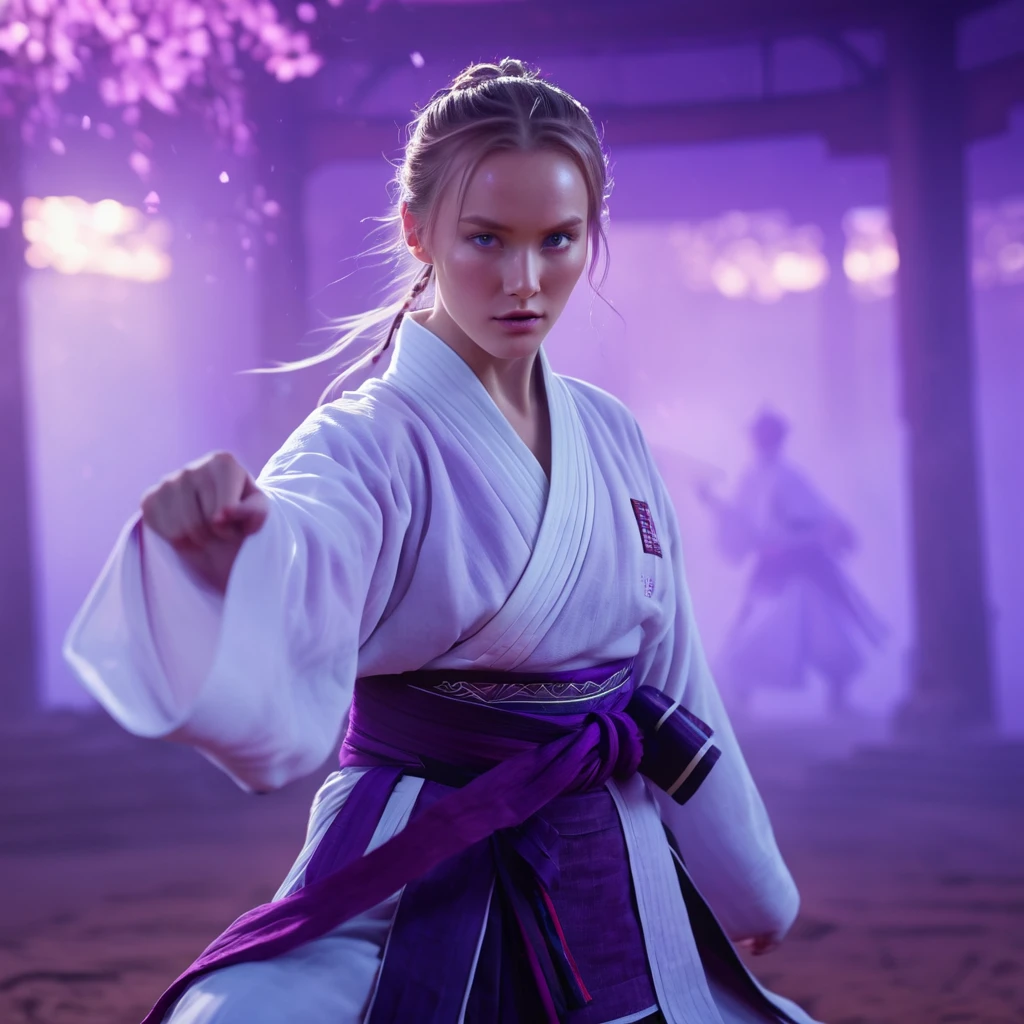 A handsome Norwegian girl, sharp eyes, clear facial features, wearing Hanfu, combat posture, martial arts movements, body surrounded by purple mist, runes around, holographic reality, holographic halo, motion blur, game light effects, edge light, soft light, movie edge light, delicate light, masterpiece, super detailed, epic composition, super HD, high quality, highest quality, 32k