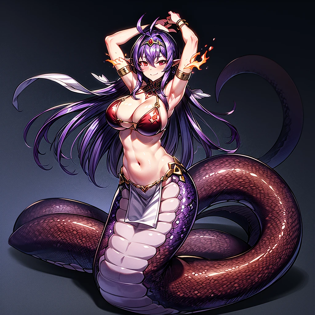 ((best quality)), ((highly detailed)), masterpiece, perfect lighting, 1girl, breasts, monster-girl, long-hair, solo, lamia, purple-hair, red-eyes, navel, large-breasts, fire, hair-intakes, looking-at-viewer, smile, scales, full-body, jewelry, bangs, cleavage, arms-up,tiara, pelvic-curtain, closed-mouth, circlet, standing, very-long-hair, hair-between-eyes, sidelocks, bikini, shawl, swimsuit, bare-shoulders, flaming-weapon ,bracelet, antenna-hair, armlet, chain, floating-hair
