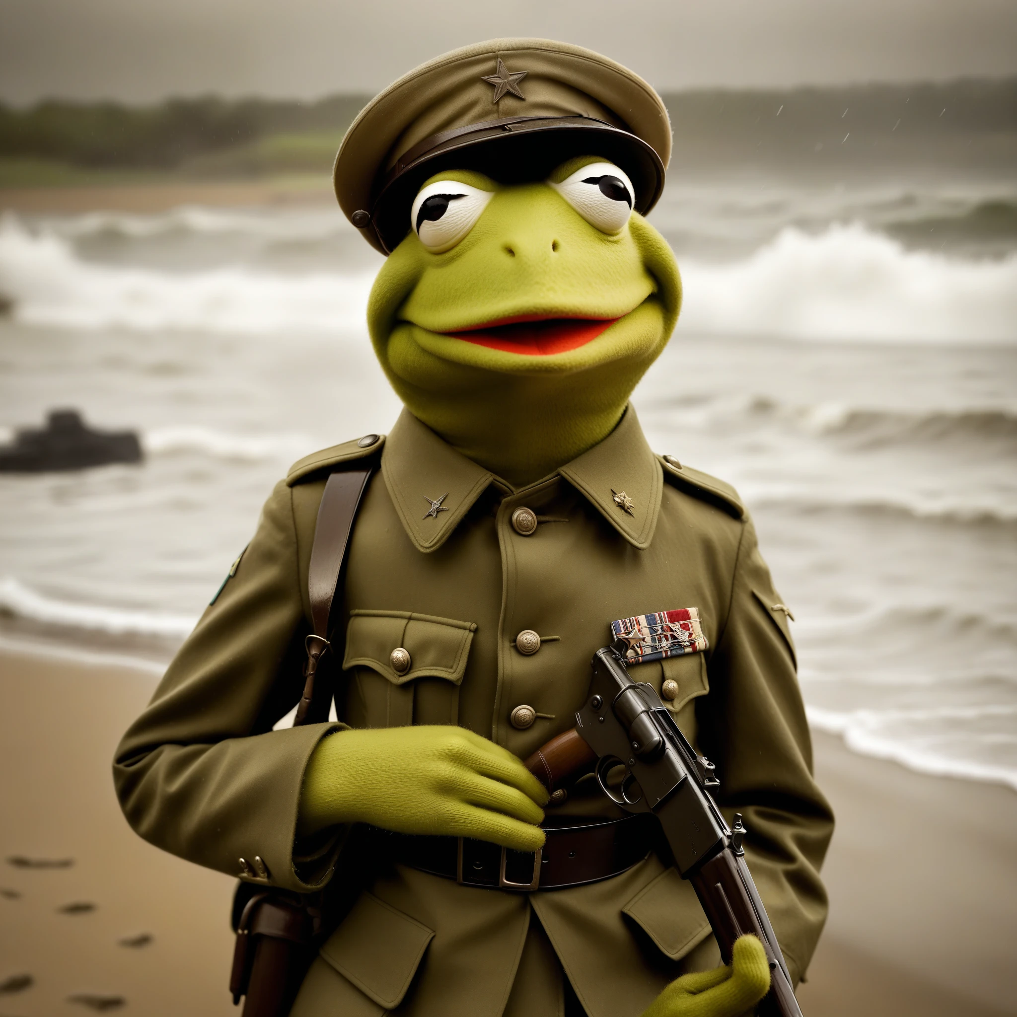 Masterpiece, realistic, Kermit the frog in a classic us army uniform, D-Day, Omaha beach, holding a Tommy gun, world war two, vintage photo, sepia, rain