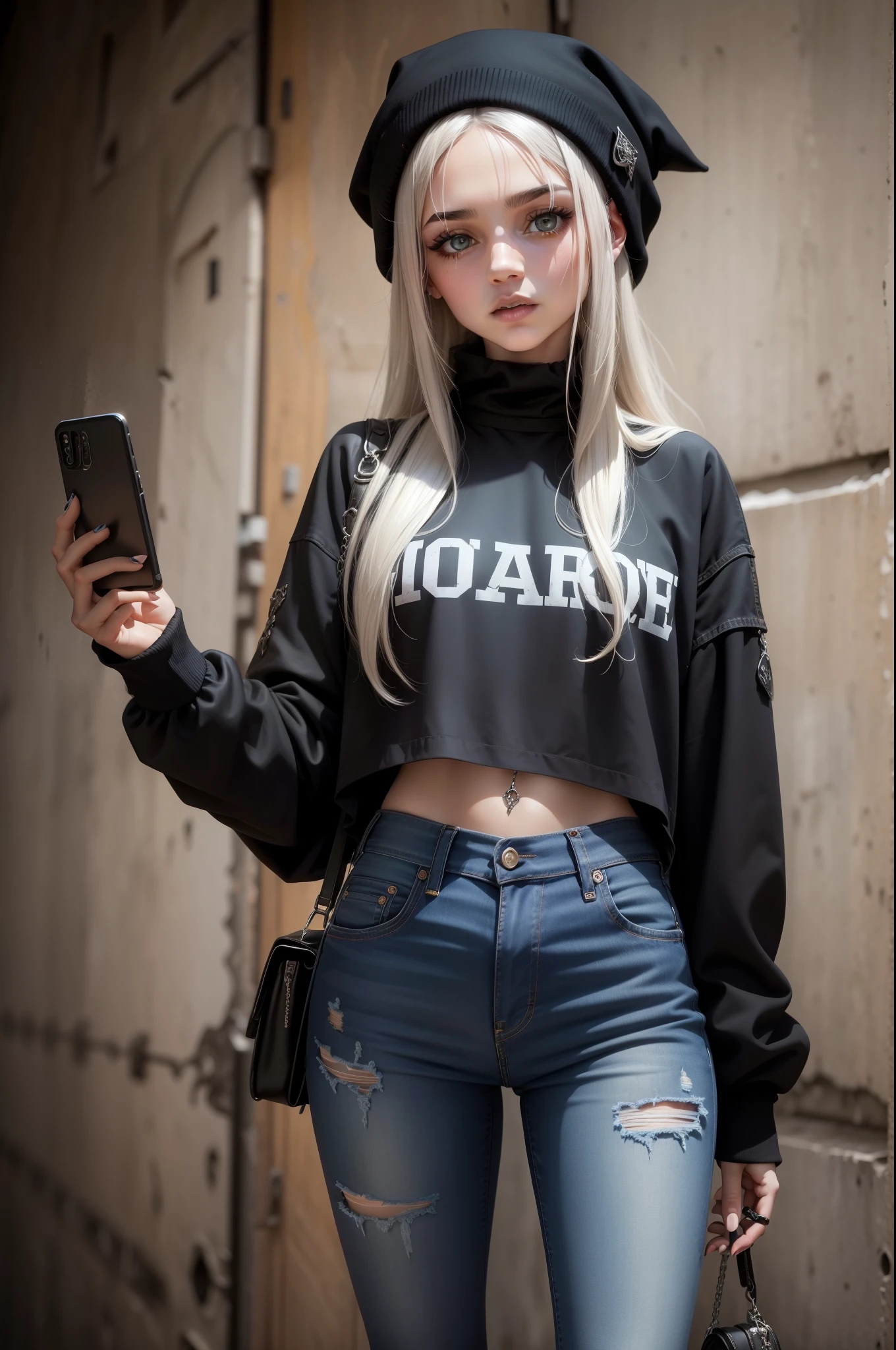 Gothic, Tudo, garota gostosa com longos cabelos brancos e gorro, com fones de ouvido, top curto vermelho, Jeans rasgado, skate, skatista, grunge, sensual, adolescente bonita, alto