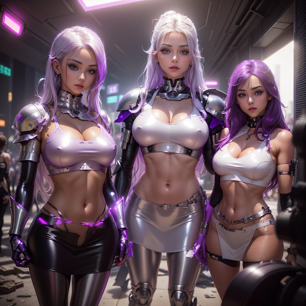 ((three women with purple-white gradient-colored lustrous hair)), ((in shiny silver latex tube-tops and skirts)), ((with light white armor)), (((standing in front of a ravaged cyberpunk city)), perfect Amazonian girl sisters, three futuristic princesses, ((shiny silver tube tops)), ((shiny silver skirts)), ((white shiny armor)), ((nicely tanned skin)), ((gorgeous violet eyes)) Get rid of the negative film effect so that their true colors can stand out, they have tanned skin, silver outfits, (shiny brilliant-white:1.32 bracers on their forearms), and shiny brilliant-white shoulder protectors, (shiny reflective silver:1.3 tube tops), (shiny reflective silver:1.31 skirts), (shiny brilliant-white:1.33 shin guards), (gorgeous violet:1.25 eyes), (vibrant purple-white gradient:1.33, lustrous hair), and (((a ravaged cyberpunk city in the background))) digital cyberpunk anime art, shiny plastic armor, Artstation, Pixiv, Featured on Pixiv, Artstation, crop top cybersuits, vibrant colors, maximum clarity and sharpness, maximum detail