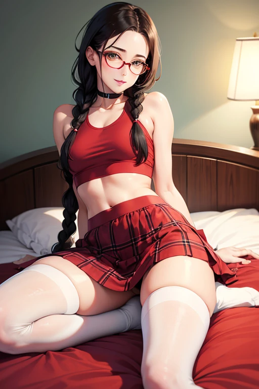 1 sexy MILF, glasses, red crop top, small plaid skirt, white knee socks, long hair brunette braids, green eyes, on a bed
