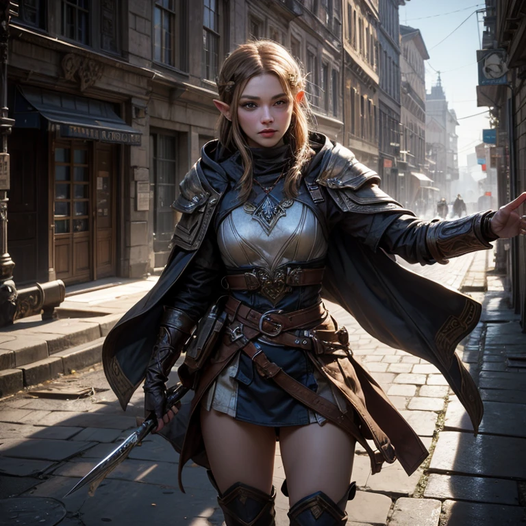 A full-body shot of Princess Zelda, brown hair, blue eyes, dressed as an Assassin from Assassins Creed, in white+gold witha white mask and hood with gold details, XL bust, using a wrist blade. Background: A city during the renaissance period. Unreal Engine 5, Anime, Anime style, Masterpiece, Well drawn eyes, well drawn face, well detailed eyes, well detailed face, 8k, light and shadow effect.
