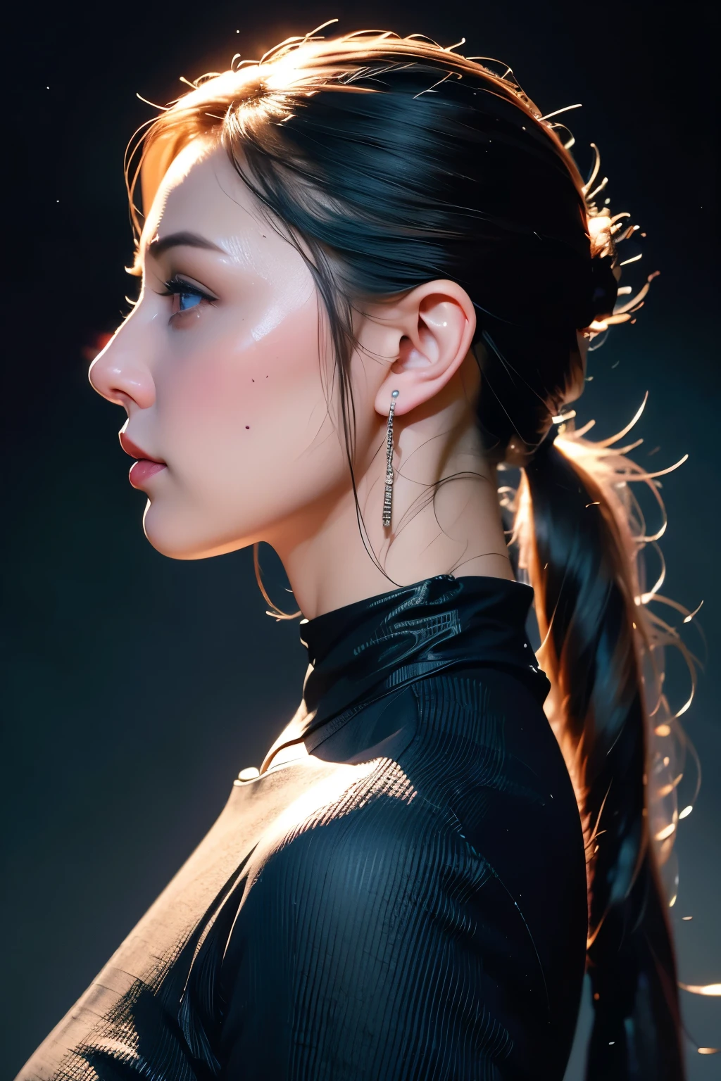 [Cat : girl : 7], Porcelain face, cyborgs, roboticparts, 150mm, beautiful studio soft light, Rim Light, vibrant detail, Cyberpunk, hyper realisitic, Anatomical, face muscles, cable electric wires, microchips, h. r. Giger style, Extremely detailed (Realistic, Photorealsitic:1.37),amazing, finely detail, ((complete side profile)), ((pony-tail)),