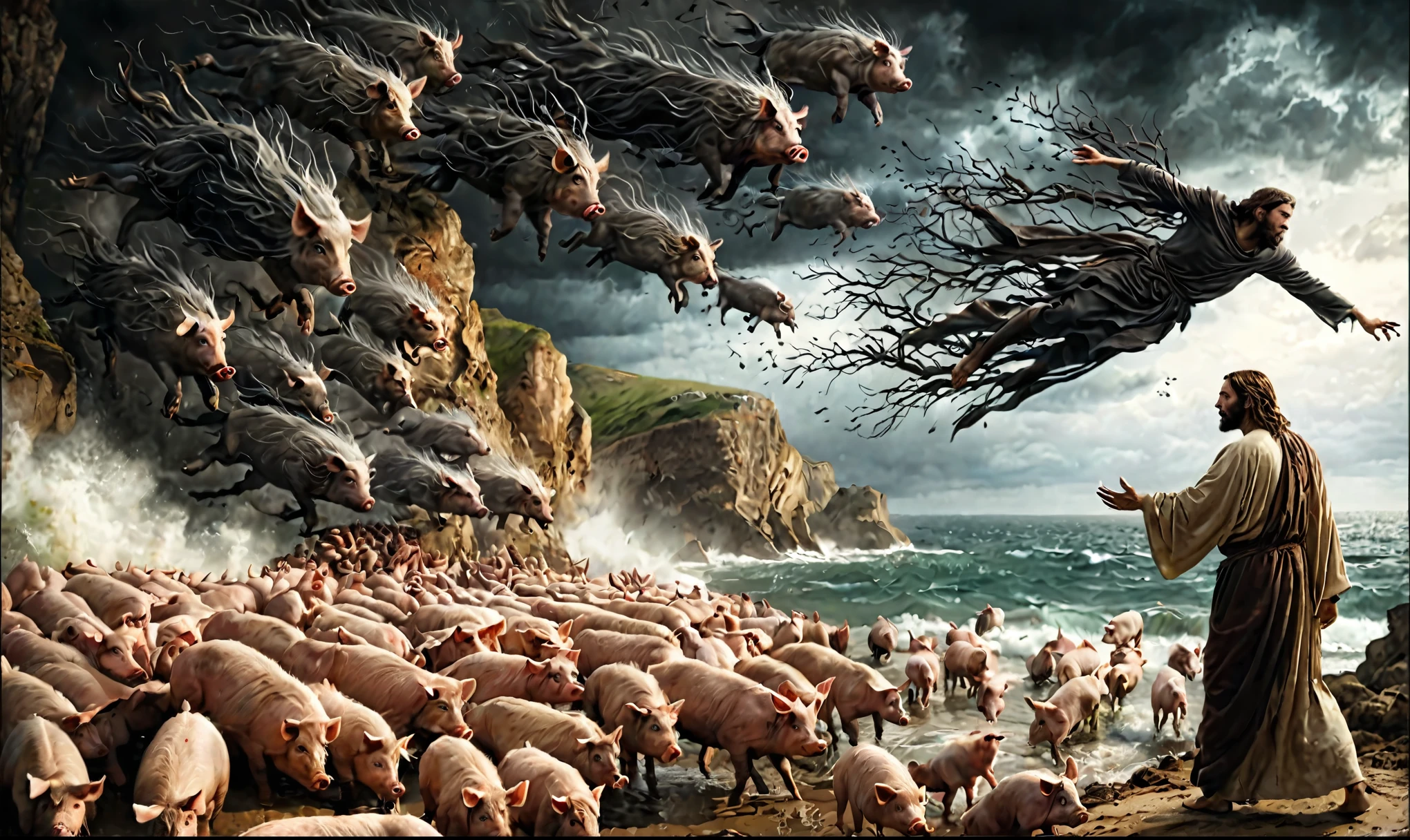 a dramatic supernatural scene, a group of men in robes standing near the water's edge, one figure prominently extending an arm outwards, numerous pigs on the shore, a large number of them being pulled away or transformed into dark shadowy forms ascending into the sky towards a black ominous figure, inspired by the biblical story of the Gadarene Swine, Jesus casting demons out of a man into a herd of pigs, the dark figure in the sky representing the demons being cast out, the figure with an outstretched hand representing Jesus, dramatic coastal landscape with cliffs and turbulent skies, intense and mystical atmosphere, (best quality,4k,8k,highres,masterpiece:1.2),ultra-detailed,(realistic,photorealistic,photo-realistic:1.37),HDR,UHD,studio lighting,ultra-fine painting,sharp focus,physically-based rendering,extreme detail description,professional,vivid colors,bokeh,dramatic,supernatural,biblical,new testament,gadarene swine,cliffs,turbulent sky,ominous,mystical,coastal,1 man,men in robes,pigs,dark shadowy forms,outstretched hand,jesus