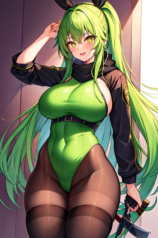 1girl, green hair, long hair, yellow eyes, light smile, glowing eyes, large breasts, thick thighs, athletic female, toned, leotard, black leotard, thighhighs, belt, knife, pantyhose, black pantyhose, ninja, kunoichi, scarf