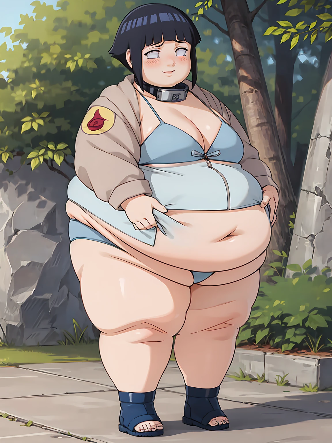 standing, shy, blush, obese hyuuga hinata, 1girl, black hair, short hair, white eyes, no pupils, forehead protector, blue bikini, long sleeves, sandals,, absurdres, ultra detailed, masterpiece, best quality, aesthetic, detailed, obese body