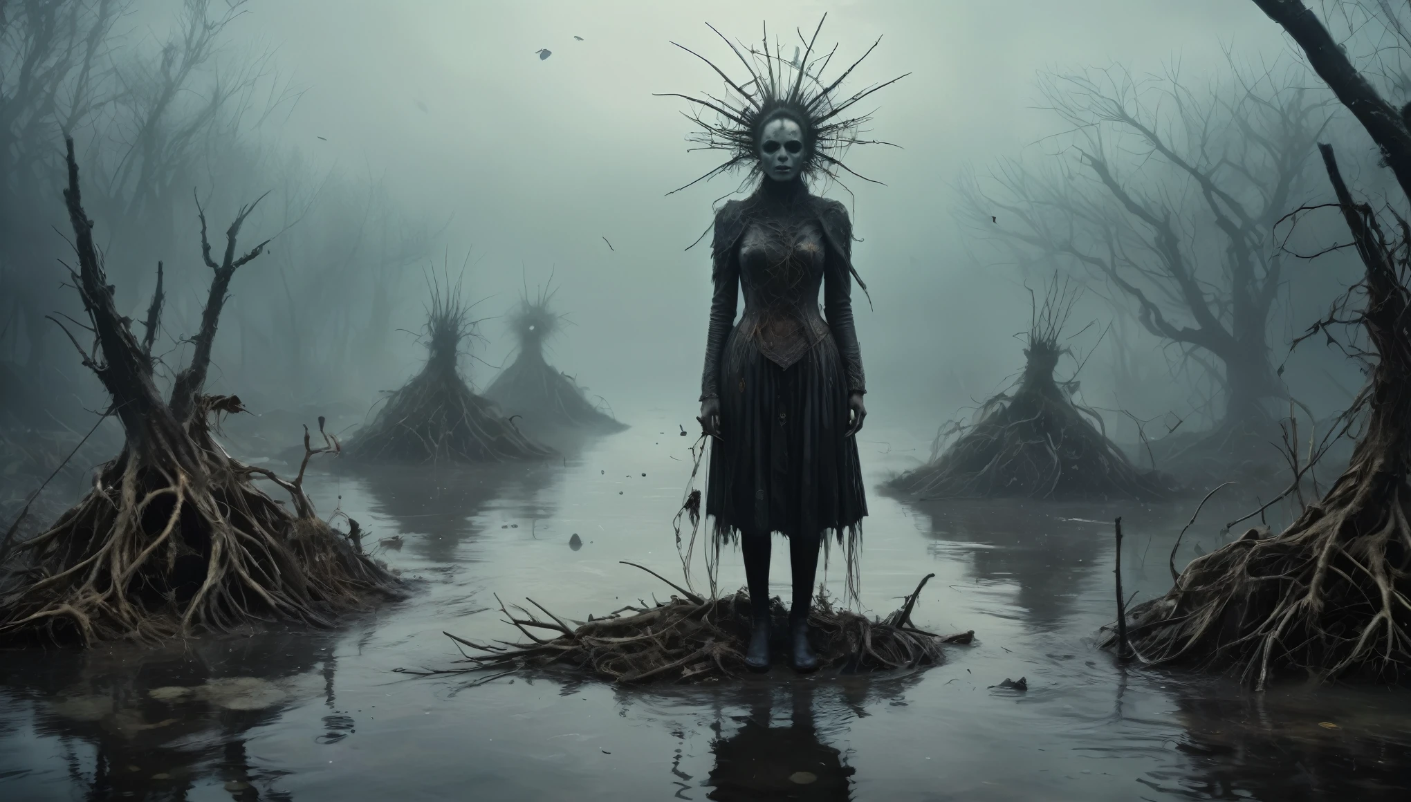 young graphite witch made of dead plants crawling out the water in a foggy marsh, radioactive atmosphere,charcoal abandoned mechanical clockwork Spaceship, steampunk dark horror fantasy, ominous landscapes,large number of stars fly towards the viewer,radioactive world,ruined theme,lots of toxic dust,amazon,full body length,once pretty face,full body length, eerie atmosphere, ethereal presence, toxic mists, supernatural entities, sinister aura, dark and twisted branches, macabre elements, eerie and ominous lighting,Complicated detail,captivating creation,intricate details,extremely detailed,masterpiece,intricate details,eyes extremely detailed, high detailed eyes,32k resolution, Nikon Z9,After tsunamis,like Stone Forest in Yunnan Province of China,Simon Stalenhag,Nicola Samori,Wangechi Mutu, horror movie, cinematic look, creepy aesthetic, ultra detailed, photorealistic, masterpiece.