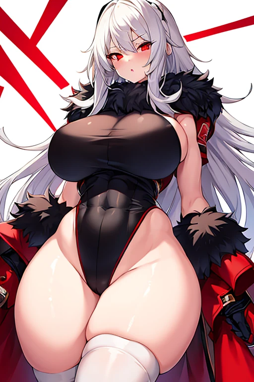 1girl, white hair, long hair, red eyes, serious, glowing eyes, large breasts, thick thighs, mature female, athletic female, toned, leotard, black leotard, knife, fur trim, fur, fur-trimmed jacket