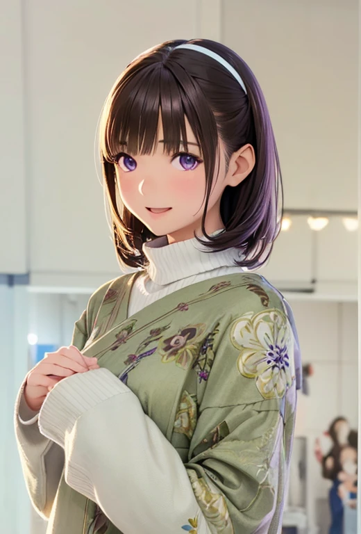 High resolution,In 8K,highest quality,detailed,Semi-realistic anime,Anime 3D Style,Smooth anime CG,One Girl,19-year-old woman in Japan,slim,Modeled,Shiny brown hair,Medium Hair,detailedな顔,Beautiful and detailed,Glowing Skin,Light turtleneck shirt,straggling hair,Angelic hairstyle,((Deep violet sparkling eyes)),(Small breasts),((((Looking at the audience)))),((Open your mouth)),((Laughter))