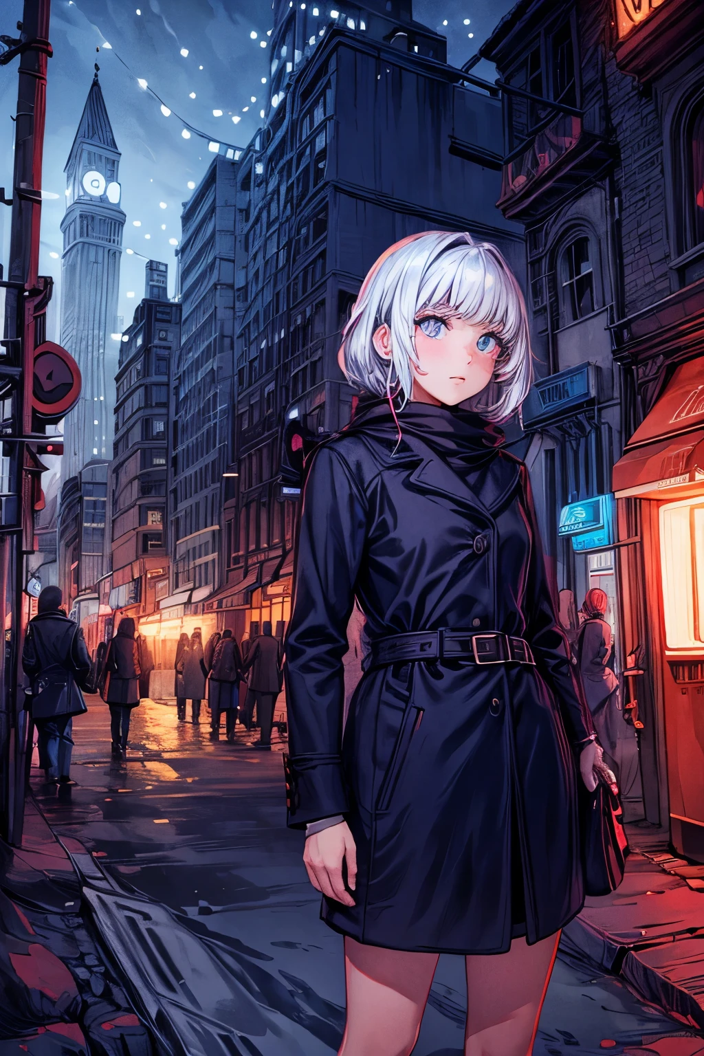 the look of the lonely young woman in the background of the illuminated city