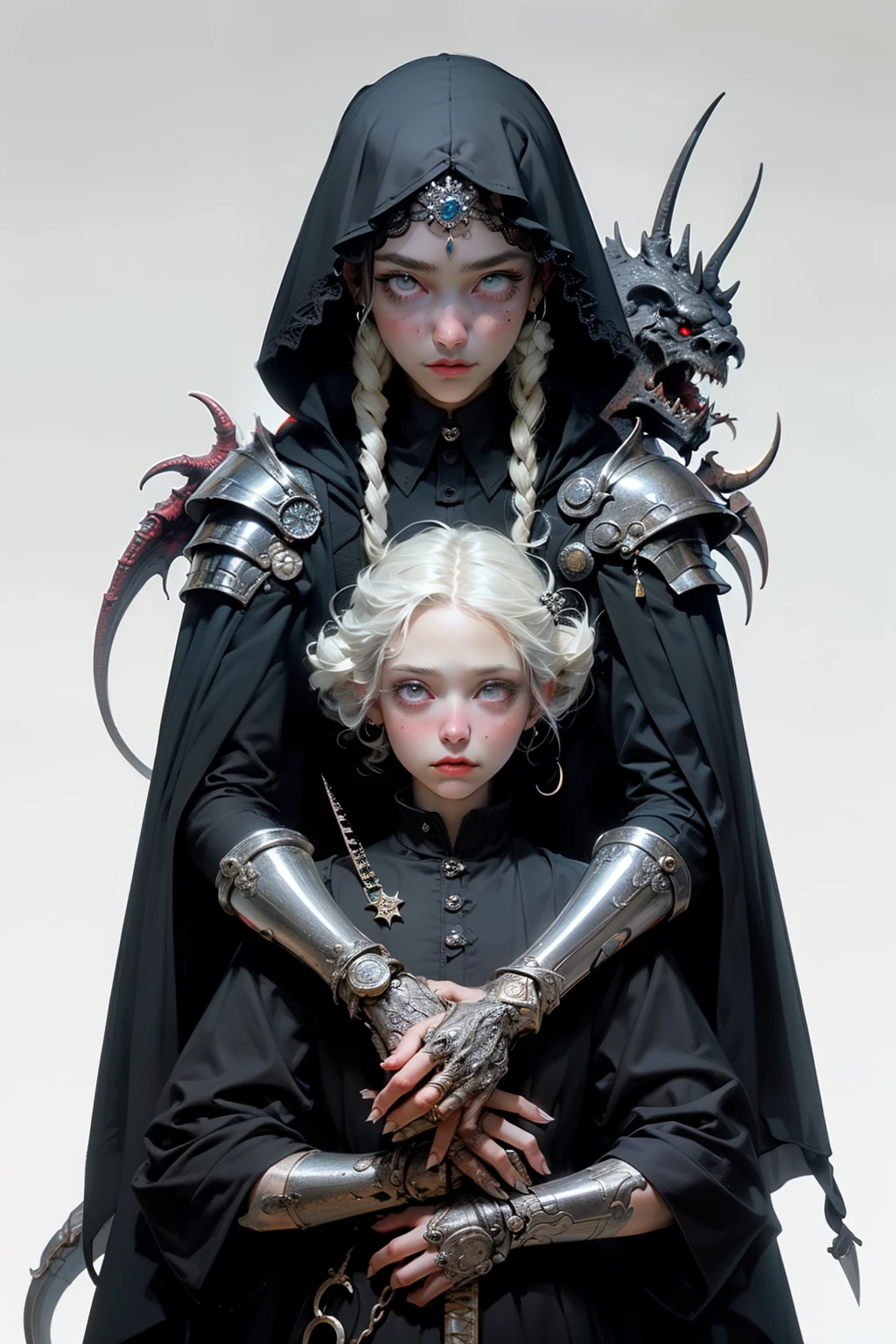 (((masutepiece, of the highest quality, super detailed))), hand drawn style, hand painted style, watercolour, sketch, a knight, white background, plain background, Bloodborne inspired, tatty Bloodborne attire, occult aesthetic, occult, tatty red and white clothing detailed and intricate steampunk and detailed gothic lolita (with a hood), diadems, long coat, Complex laced boots, Fluttering lace flared long knee length dress with frilly petticoats, long dress, knee length dress, pleated petticoats, lolita dress, petticoats gothic lolita, beautiful small breasts, (((( Highly detailed face))), small thin nose, Small thin lips mouth, (((Very sharp focused eyes))), Very large slit precision pale grey eyes that shine like jewels. very long eyelashes, Silver hair swaying in the wind, Emitting a dazzling light in a mandala pattern, white background, Very dramatic and cinematic lighting, tatty damaged old red and white clothing, full body, whole body, body, cosmic horror, grim dark