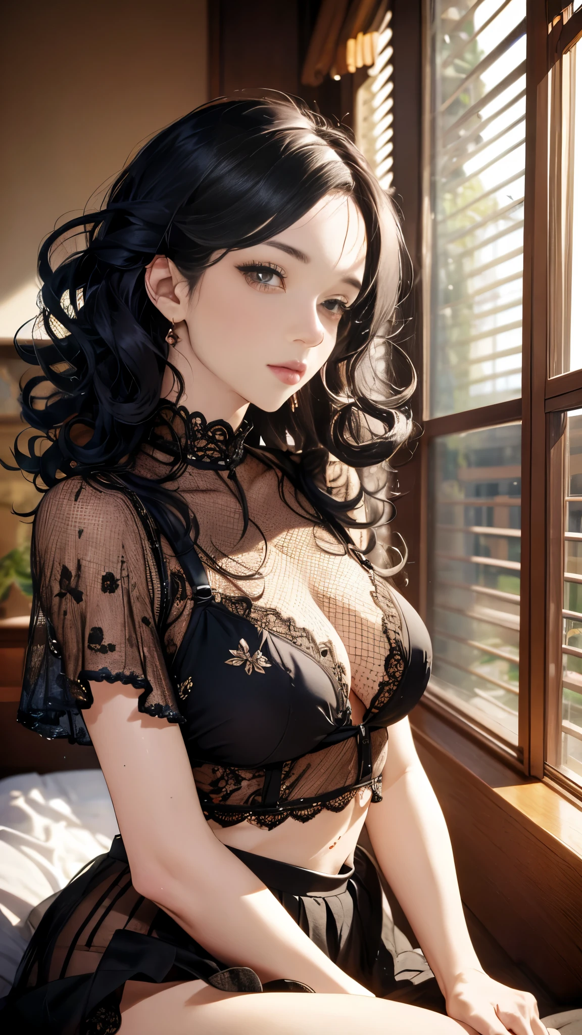 woman with curly hair wearing a skirt and blouse with detailed alluring eyes in a modern bedroom, Masterpiece of the best quality, photorealistic, HDR, shallow depth of field, wide light, high contrast, backlight, bloom, light sparkles, chromatic aberration, sharp focus, RAW color photo, jenya.d 