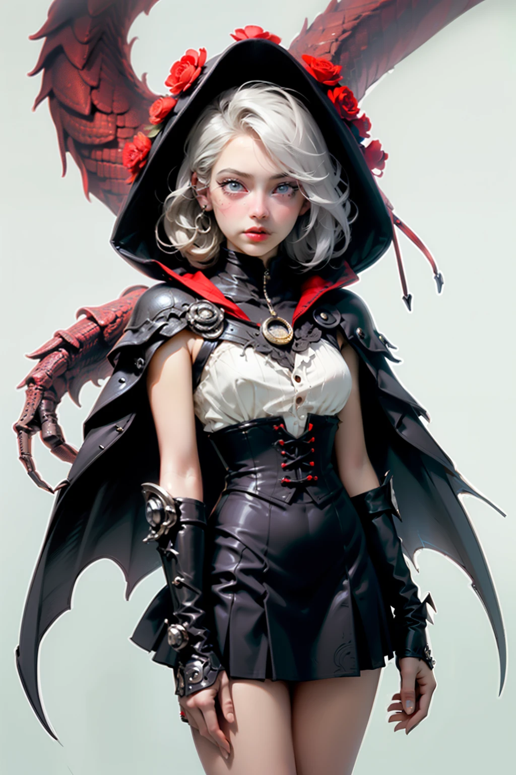 (((masutepiece, of the highest quality, super detailed))), hand drawn style, hand painted style, watercolour, sketch, a knight, white background, plain background, Bloodborne inspired, tatty Bloodborne attire, occult aesthetic, occult, tatty red and white clothing detailed and intricate steampunk and detailed gothic lolita (with a hood), diadems, long coat, Complex laced boots, Fluttering lace flared long knee length dress with frilly petticoats, long dress, knee length dress, pleated petticoats, lolita dress, petticoats gothic lolita, beautiful small breasts, (((( Highly detailed face))), small thin nose, Small thin lips mouth, (((Very sharp focused eyes))), Very large slit precision pale grey eyes that shine like jewels. very long eyelashes, Silver hair swaying in the wind, Emitting a dazzling light in a mandala pattern, white background, Very dramatic and cinematic lighting, tatty damaged old red and white clothing, full body, whole body, body, cosmic horror, grim dark