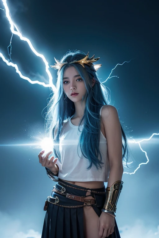 1 woman,,{bare knees},best quality,very detailed,{{masterpiece}},very detailed,illustration,{{{hit}}},depth of field,wind lift,very long hair,beautiful detailed eyes,{{{mechanical arm}}},{surrounded by lightning magic circle},light blue eyes,beautiful detailed eyes,very cool,cowboy shot,{looking at viewer},{strong light on the body},{{rainbow colored hair}},{{{Watercolor_(middle)}}},glowing circle pupils,seat,floating hair,{pleated_skirt},{{{{lightning headdress_glowing}}}},blue hair,Burning Ski,{{we say}},{{{holding lightning _glowing_giant}}},Lightning effect,{{detailed electricity surrounded}},{electricity},{BurnoneselfFlame},lightning dark clouds,, best quality,masterpiece,realistic,masterpiece,very detailed,extreme detail description,very detailed CG Unity 32k 벽지,8K,