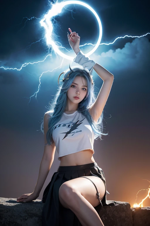 1 woman,,{bare knees},best quality,very detailed,{{masterpiece}},very detailed,illustration,{{{hit}}},depth of field,wind lift,very long hair,beautiful detailed eyes,{{{mechanical arm}}},{surrounded by lightning magic circle},light blue eyes,beautiful detailed eyes,very cool,cowboy shot,{looking at viewer},{strong light on the body},{{rainbow colored hair}},{{{Watercolor_(middle)}}},glowing circle pupils,seat,floating hair,{pleated_skirt},{{{{lightning headdress_glowing}}}},blue hair,Burning Ski,{{we say}},{{{holding lightning _glowing_giant}}},Lightning effect,{{detailed electricity surrounded}},{electricity},{BurnoneselfFlame},lightning dark clouds,, best quality,masterpiece,realistic,masterpiece,very detailed,extreme detail description,very detailed CG Unity 32k 벽지,8K,