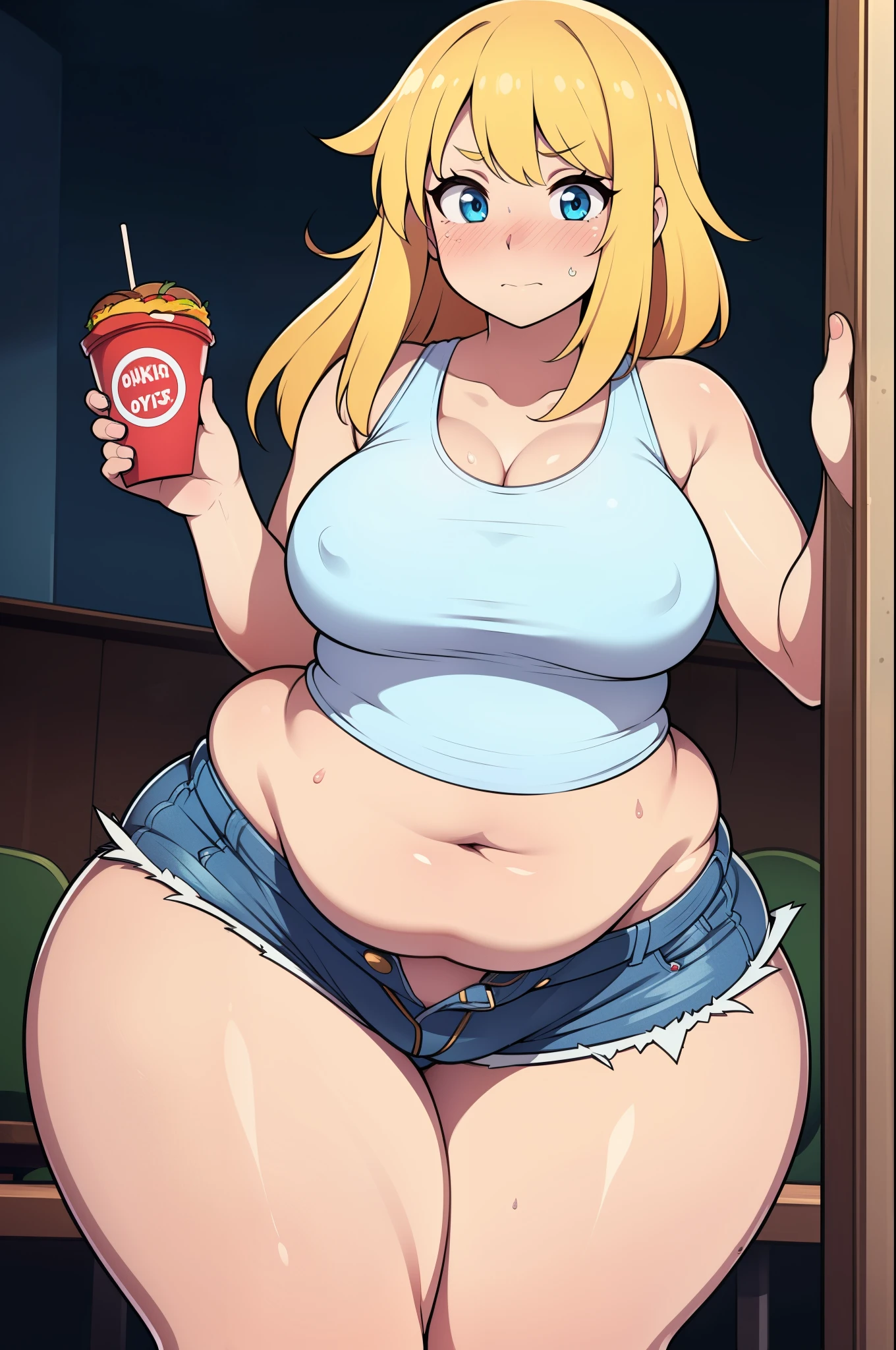 ((Masterpiece)), perfect anatomy, perfect shading, field of depth, (best quality), extremely delicate and beautiful, perfect lighting, detailed face, ultra cute face, cute, ((1girl)), ((solo))

long fluffy blonde hair, blue eyes, ((blush)), nervous, looking at viewer, tank top shorts, medium breasts, ((thick thighs)), (wide hips), ((plump)),

intricate background, detailed background, fast food restaurant,
