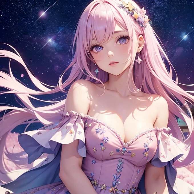 A very beautiful girl, pale pink hair, starry lavender eyes. Flowers. Star background. Off shoulder dress. Looking at the camera