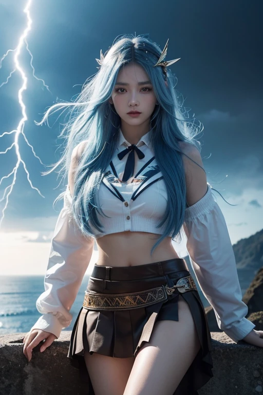 1 woman,,{bare knees},best quality,very detailed,{{masterpiece}},very detailed,illustration,{{{hit}}},depth of field,wind lift,very long hair,beautiful detailed eyes,{{{mechanical arm}}},{surrounded by lightning magic circle},light blue eyes,beautiful detailed eyes,very cool,cowboy shot,{looking at viewer},{strong light on the body},{{rainbow colored hair}},{{{Watercolor_(middle)}}},glowing circle pupils,seat,floating hair,{pleated_skirt},{{{{lightning headdress_glowing}}}},blue hair,Burning Ski,{{we say}},{{{holding lightning _glowing_giant}}},Lightning effect,{{detailed electricity surrounded}},{electricity},{BurnoneselfFlame},lightning dark clouds,, best quality,masterpiece,realistic,masterpiece,very detailed,extreme detail description,very detailed CG Unity 32k 벽지,8K,