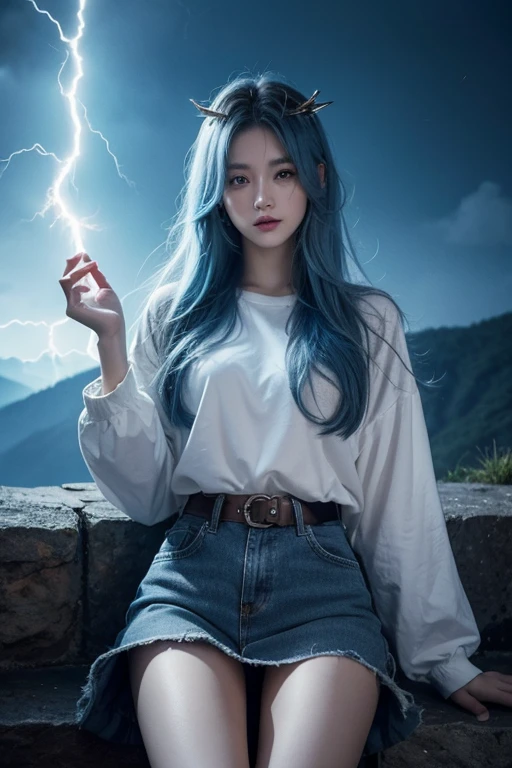 1 woman,,{bare knees},best quality,very detailed,{{masterpiece}},very detailed,illustration,{{{hit}}},depth of field,wind lift,very long hair,beautiful detailed eyes,{{{mechanical arm}}},{surrounded by lightning magic circle},light blue eyes,beautiful detailed eyes,very cool,cowboy shot,{looking at viewer},{strong light on the body},{{rainbow colored hair}},{{{Watercolor_(middle)}}},glowing circle pupils,seat,floating hair,{pleated_skirt},{{{{lightning headdress_glowing}}}},blue hair,Burning Ski,{{we say}},{{{holding lightning _glowing_giant}}},Lightning effect,{{detailed electricity surrounded}},{electricity},{BurnoneselfFlame},lightning dark clouds,, best quality,masterpiece,realistic,masterpiece,very detailed,extreme detail description,very detailed CG Unity 32k 벽지,8K,