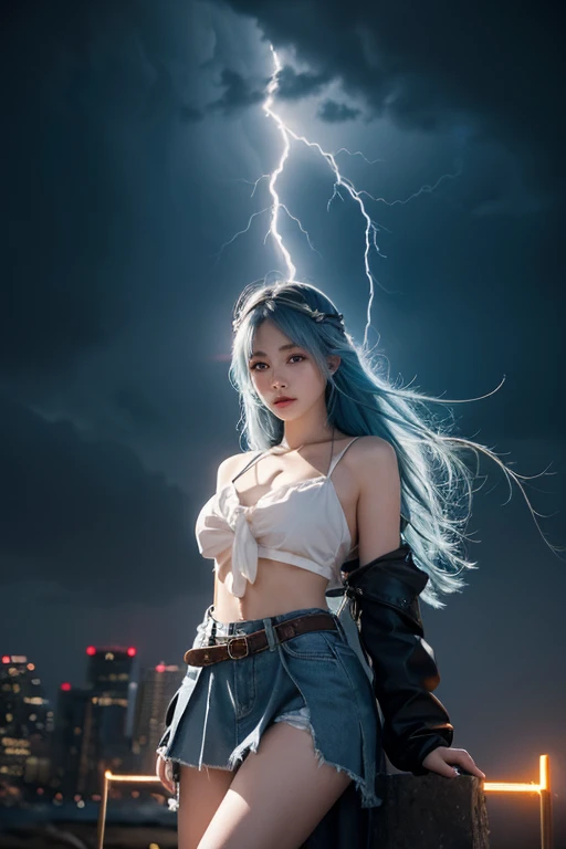 1 woman,,{bare knees},best quality,very detailed,{{masterpiece}},very detailed,illustration,{{{hit}}},depth of field,wind lift,very long hair,beautiful detailed eyes,{{{mechanical arm}}},{surrounded by lightning magic circle},light blue eyes,beautiful detailed eyes,very cool,cowboy shot,{looking at viewer},{strong light on the body},{{rainbow colored hair}},{{{Watercolor_(middle)}}},glowing circle pupils,seat,floating hair,{pleated_skirt},{{{{lightning headdress_glowing}}}},blue hair,Burning Ski,{{we say}},{{{holding lightning _glowing_giant}}},Lightning effect,{{detailed electricity surrounded}},{electricity},{BurnoneselfFlame},lightning dark clouds,, best quality,masterpiece,realistic,masterpiece,very detailed,extreme detail description,very detailed CG Unity 32k 벽지,8K,