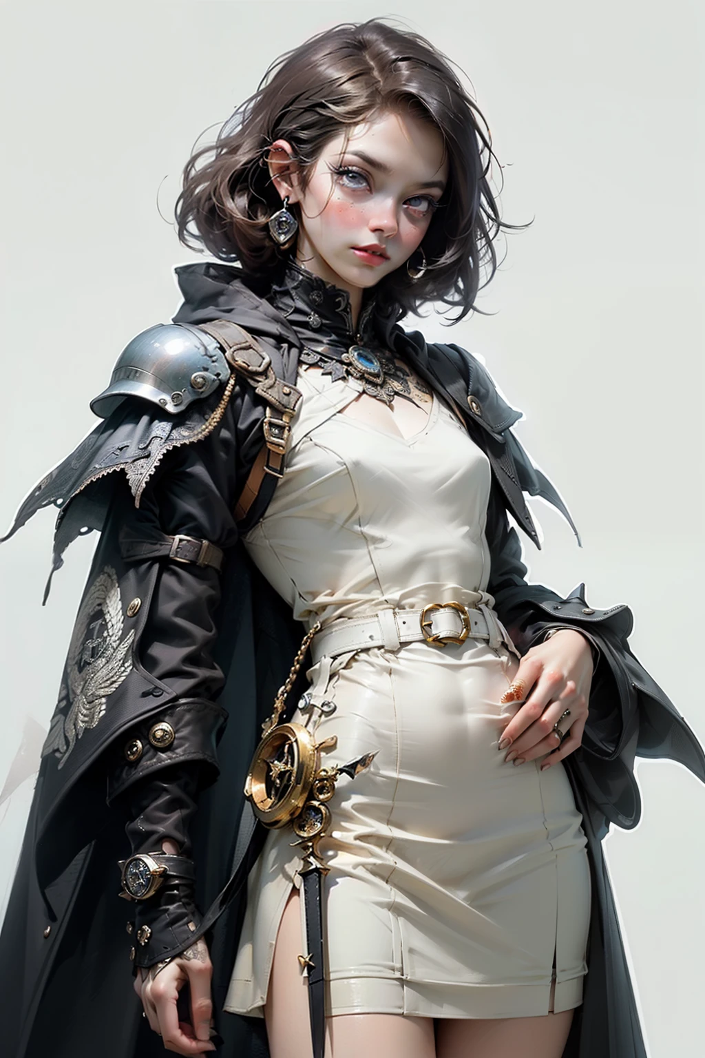 (((masutepiece, of the highest quality, super detailed))), hand drawn style, hand painted style, watercolour, sketch, a knight, white background, plain background, Bloodborne inspired, tatty Bloodborne attire, occult aesthetic, occult, tatty red and white clothing detailed and intricate steampunk and detailed gothic ta (with a hood), diadems, long coat, Complex laced boots, Fluttering lace flared long knee length dress with frilly petticoats, long dress, knee length dress, pleated petticoats, loliress, petticoats gothic lolita, tiful small breasts, (((( Highly detailed face))), small thin nose, Small thin lips mouth, (((Very sharp focused eyes))), Very large slit precision pale grey eyes that shine like jewels. very long eyelashes, Silver hair swaying in the wind, Emitting a dazzling light in a mandala pattern, white background, Very dramatic and cinematic lighting, tatty damaged old red and white clothing, full body, whole body, body, cosmic horror, grim dark