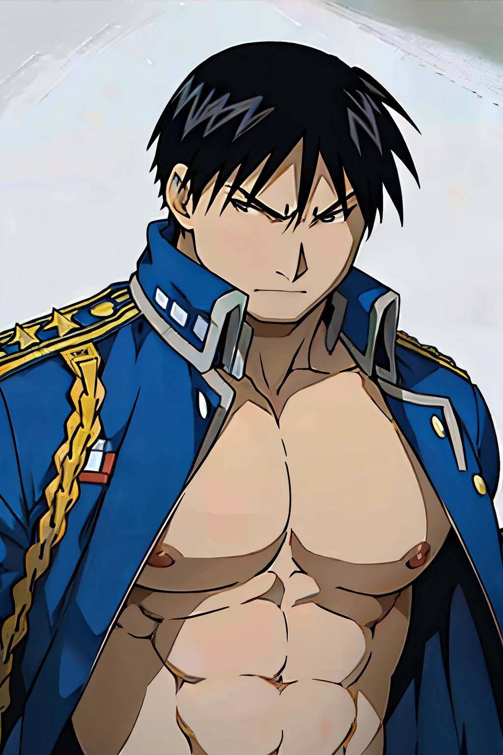 Roy Mustang from Full Metal Alchemist, wearing an open jacket, shirtless, without shirt, bodybuilder, serious