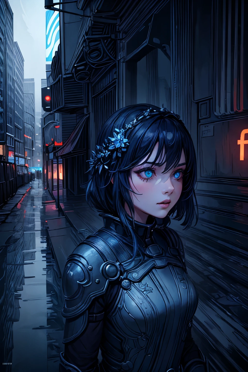 a lonely girl gazing at the illuminated city in the background, beautiful detailed eyes, beautiful detailed lips, extremely detailed eyes and face, long eyelashes, beautiful young woman, cinematic lighting, moody atmosphere, dramatic lighting, muted color palette, vibrant colors, detailed cityscape, futuristic architecture, neon lights, reflection in water, dramatic clouds, dramatic lighting, oil painting style, photorealistic, 8k, best quality, masterpiece, ultra-detailed