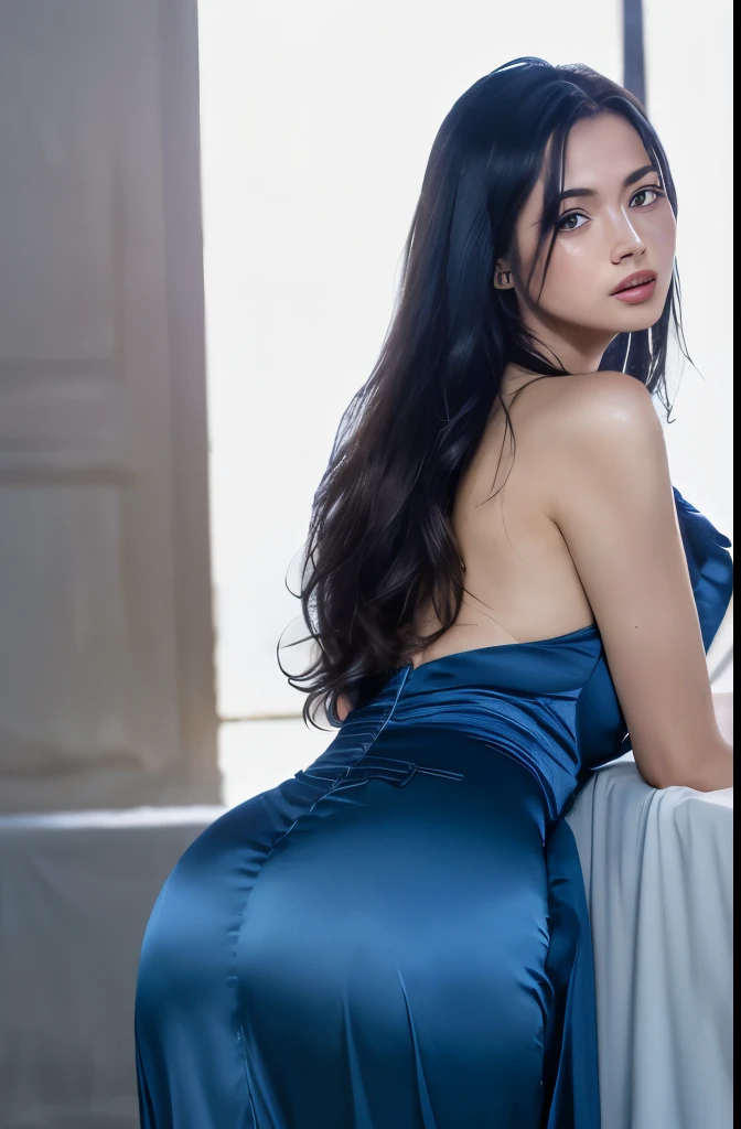 dressed, (photo realistic:1.4), (hyper realistic:1.4), (realistic:1.3),
(smoother lighting:1.05), (increase cinematic lighting quality:0.9), 32K,
1girl,20yo girl, realistic lighting, backlighting, light on face, ray trace, (brightening light:1.2), (Increase quality:1.4),
(best quality real texture skin:1.4), finely detailed eyes, finely detailed face,
(tired and sleepy and joy), (laugh:0), face closeup, t-shirts,
(Increase body line mood:1.1), (Increase skin texture beauty:1.1) , waist shot, ((butt facing camera)), ((protruding ass)), ((flowing satin gown)), flowing long skirt, gamis