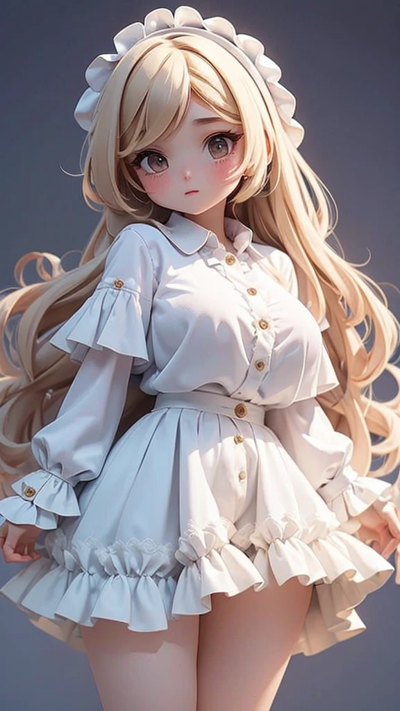 ((masterpiece, best quality)), a teenage girl with thick thighs and big breasts with long silky hair wearing white shirt, frills, plaides shirt skirt, cute, standing proudly