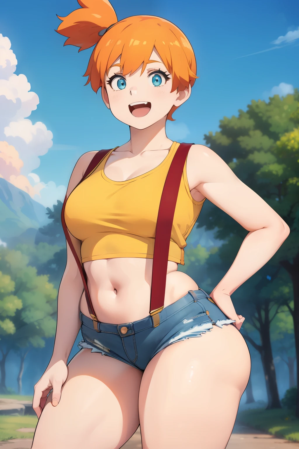 1girl, shorts, orange hair, misty, side ponytail, short shorts, short hair, solo, crop top, denim shorts, looking at viewer, smile, thighs, midriff,, yellow shirt, navel, suspender shorts, bare shoulders, blue shorts, red suspenders, face, trees, blue sky, smile, open mouth