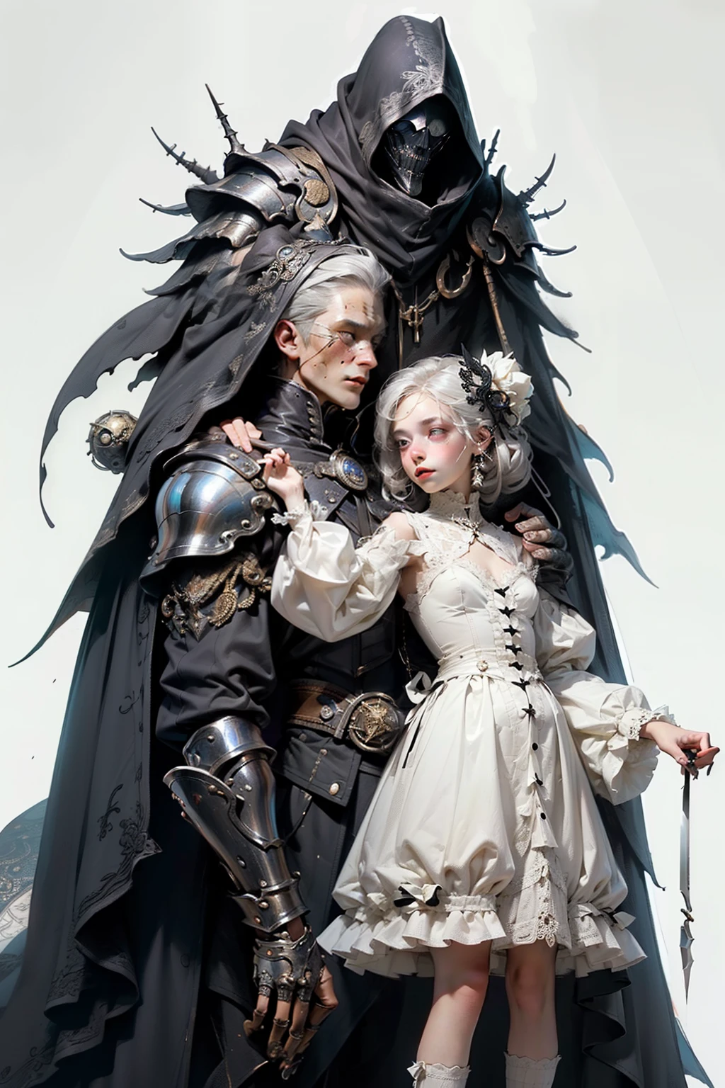 (((masutepiece, of the highest quality, super detailed))), hand drawn style, hand painted style, watercolour, sketch, a knight, white background, plain background, Bloodborne inspired, tatty Bloodborne attire, occult aesthetic, occult, tatty red and white clothing detailed and intricate steampunk and detailed gothic ta (with a hood), diadems, long coat, Complex laced boots, Fluttering lace flared long knee length dress with frilly petticoats, long dress, knee length dress, pleated petticoats, loliress, petticoats gothic lolita, tiful small breasts, (((( Highly detailed face))), small thin nose, Small thin lips mouth, (((Very sharp focused eyes))), Very large slit precision pale grey eyes that shine like jewels. very long eyelashes, Silver hair swaying in the wind, Emitting a dazzling light in a mandala pattern, white background, Very dramatic and cinematic lighting, tatty damaged old red and white clothing, full body, whole body, body, cosmic horror, grim dark