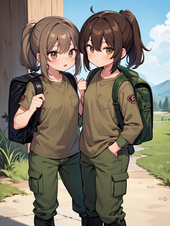 Two characters in a scene boy and girl (absolutely identical twins brother and sister)with the same cute beautiful girlish features, The first character is a handsome, modest, round-faced, brown-eyed boy with an ideal masculine physique., with semi-long brown hair tied in a ponytail, Military style (marsh color T-shirt, military style trousers with patch pockets, massive high infantry boots, backpack), and the second character is strong, very muscular feminist girl with aesthetic small breasts with beautiful erect nipples, with very tousled shaggy semi-long brown hair, hair between the eyes, Brown eyes, beautiful face, an athlete with well-developed proportional muscles, khaki racer jersey(absolutely no bra), military style trousers with patch pockets, massive high infantry boots, backpack; talk to each other, different emotions, free pose, free interaction with each other, against the backdrop of the nature of central Russia