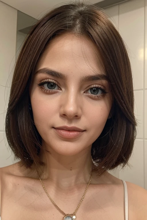 Mulher branca, olhos azuis, cabelos liso castanho claro, hiper realista 