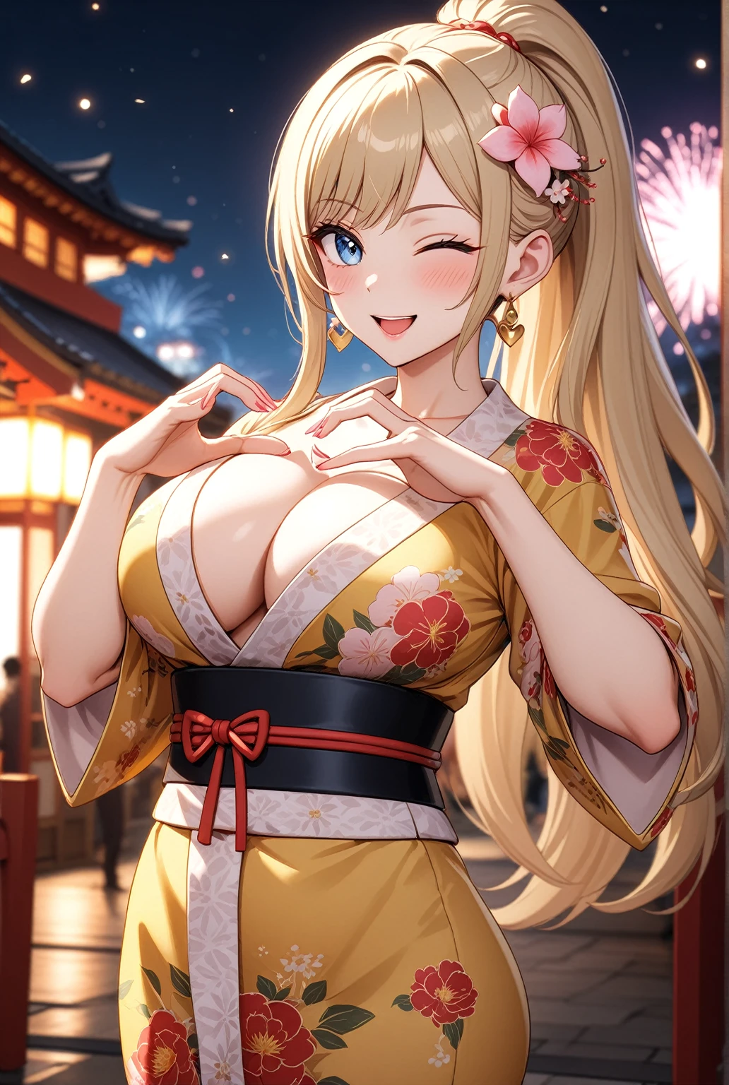 ((One woman)), Beautiful Face,Laughing embarrassedly,((Wink:2.0)),Blushing,Glossy pink lips,night,Shrine Festivals,firework, ((Anime style background)),masterpiece, highest quality, so beautiful, up to date, Complex details, (Pink long nails),AI-generated, Complex,High resolution, highest quality, super high quality,3D Images、View the viewers、3D Images,one person,Long Blonde Hair,High Ponytail,blue eyes,Anime woman posing for a photo, [[Fine grain、Colorful eyes、Shining Eyes:1.15]],(Squint your eyes:1.1),a hyperRealistic , hyperRealistic , Realistic,Blonde anime woman with long hair, Smooth anime CG art, A woman in a gorgeous yukata with gold embroidery, Yellow Yukata,Floral Yukata,Long flower hair ornament,Big earrings,(Large Breasts:1.2),tall,Big Ass,Narrow waist,Abdominal muscles,Fine details,(A woman making a heart sign with her hands),Put your hands together