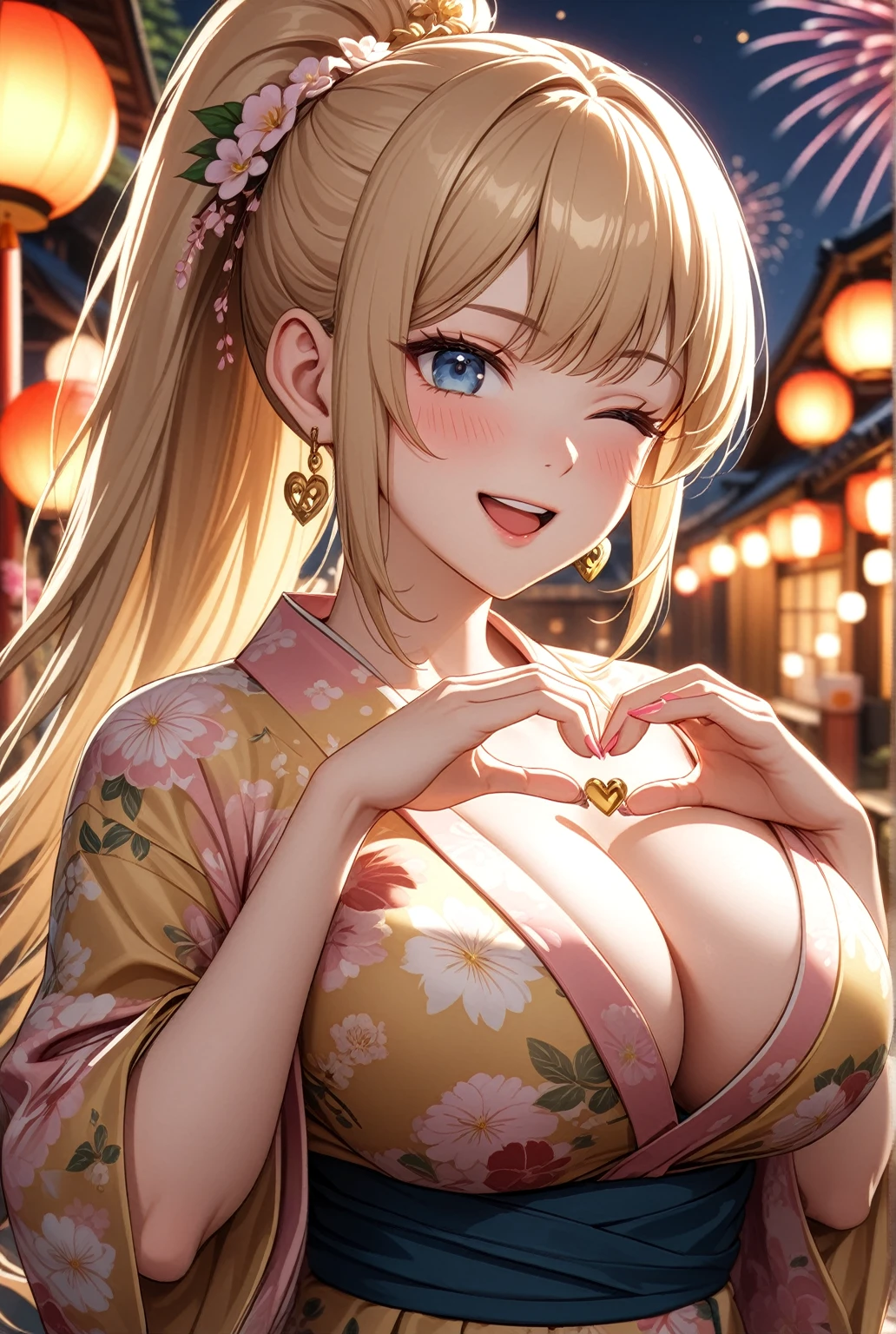 ((One woman)), Beautiful Face,Laughing embarrassedly,((Wink:2.0)),Blushing,Glossy pink lips,night,Shrine Festivals,firework, ((Anime style background)),masterpiece, highest quality, so beautiful, up to date, Complex details, (Pink long nails),AI-generated, Complex,High resolution, highest quality, super high quality,3D Images、View the viewers、3D Images,one person,Long Blonde Hair,High Ponytail,blue eyes,Anime woman posing for a photo, [[Fine grain、Colorful eyes、Shining Eyes:1.15]],(Squint your eyes:1.1),a hyperRealistic , hyperRealistic , Realistic,Blonde anime woman with long hair, Smooth anime CG art, A woman in a gorgeous yukata with gold embroidery, Yellow Yukata,Floral Yukata,Long flower hair ornament,Big earrings,(Large Breasts:1.2),tall,Big Ass,Narrow waist,Abdominal muscles,Fine details,(A woman making a heart sign with her hands),Put your hands together