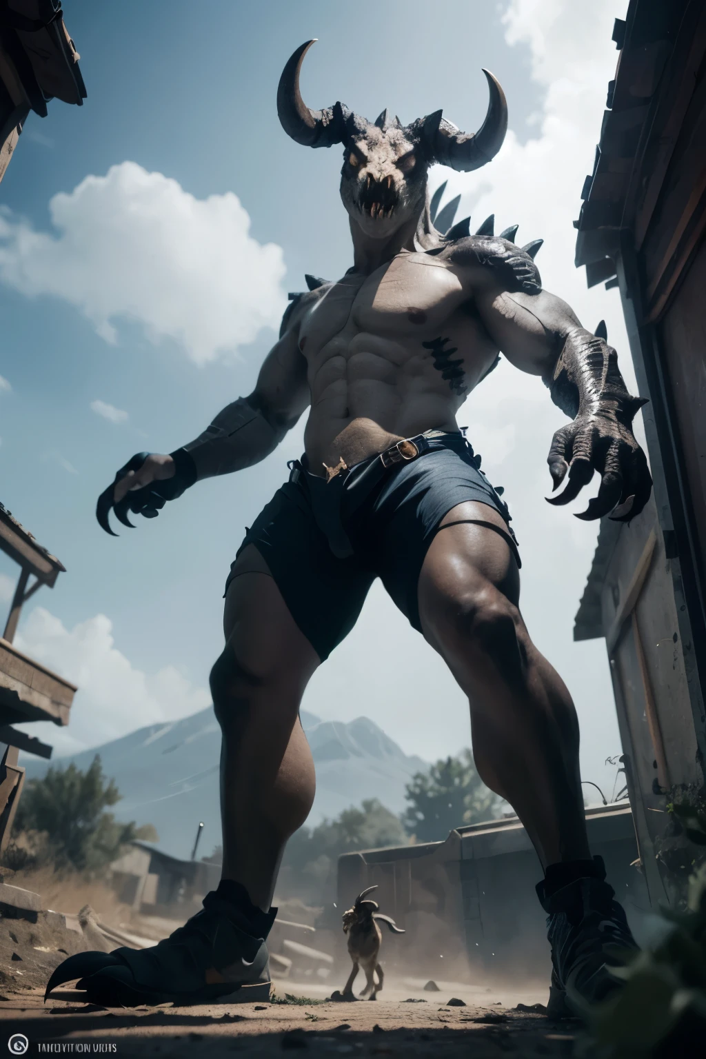 solo, male scalie anthro deathclaw, scales, horns, standing, tail, from below, looking at viewer, giant in size, extremely detailed, HDR, pants only