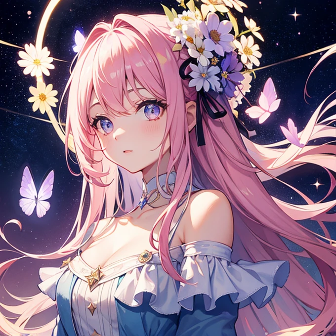 A very beautiful girl, pale pink hair, starry lavender eyes. Flowers. Star background. Off shoulder dress. Looking at the camera