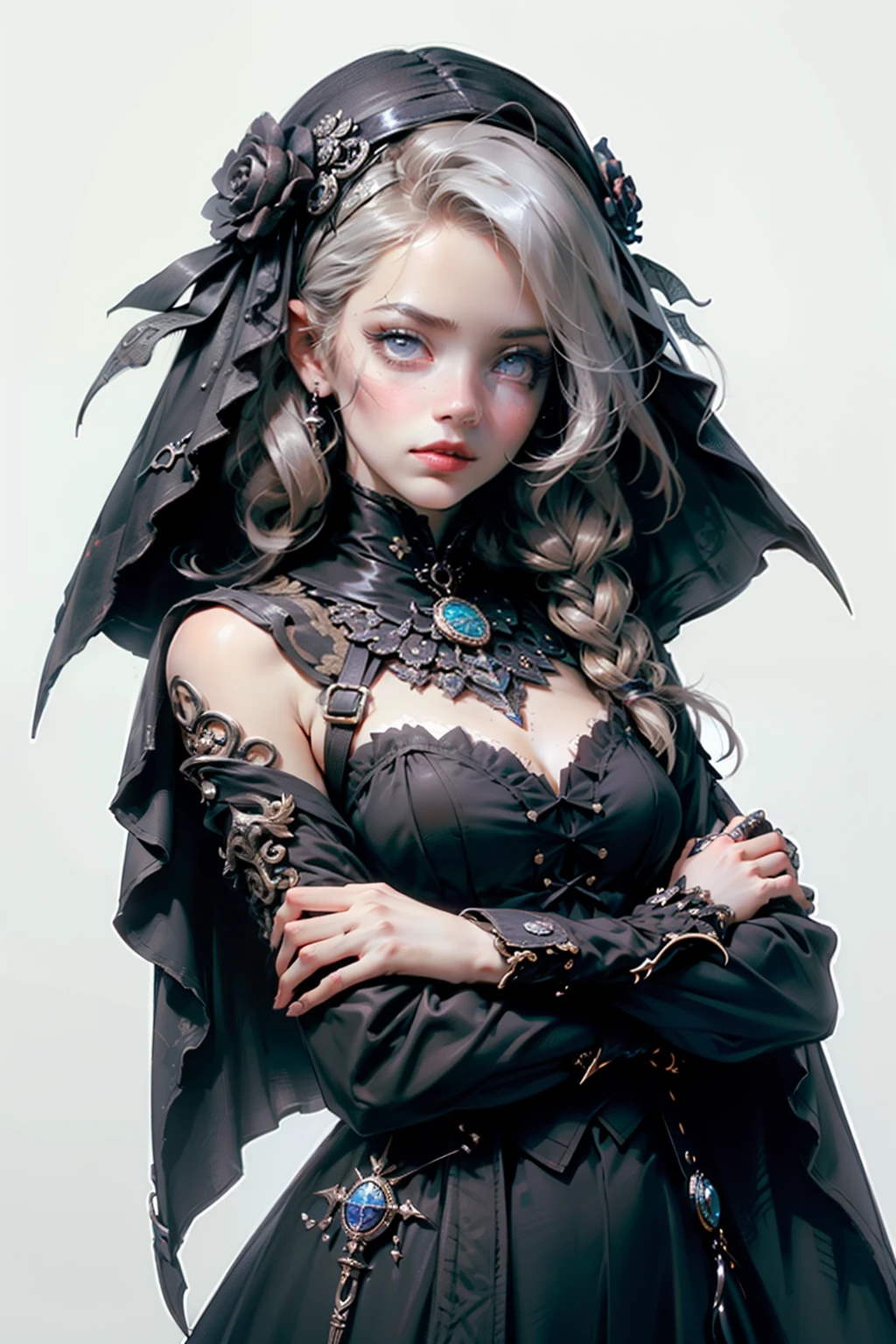 (((masutepiece, of the highest quality, super detailed))), hand drawn style, hand painted style, watercolour, sketch, a knight, white background, plain background, Bloodborne inspired, tatty Bloodborne attire, occult aesthetic, occult, tatty red and white clothing detailed and intricate steampunk and detailed gothic lolita (with a hood), diadems, long coat, Complex laced boots, Fluttering lace flared long knee length dress with frilly petticoats, long dress, knee length dress, pleated petticoats, lolita dress, petticoats gothic lolita, beautiful small breasts, (((( Highly detailed face))), small thin nose, Small thin lips mouth, (((Very sharp focused eyes))), Very large slit precision pale grey eyes that shine like jewels. very long eyelashes, Silver hair swaying in the wind, Emitting a dazzling light in a mandala pattern, white background, Very dramatic and cinematic lighting, tatty damaged old red and white clothing, full body, whole body, body, cosmic horror, grim dark
