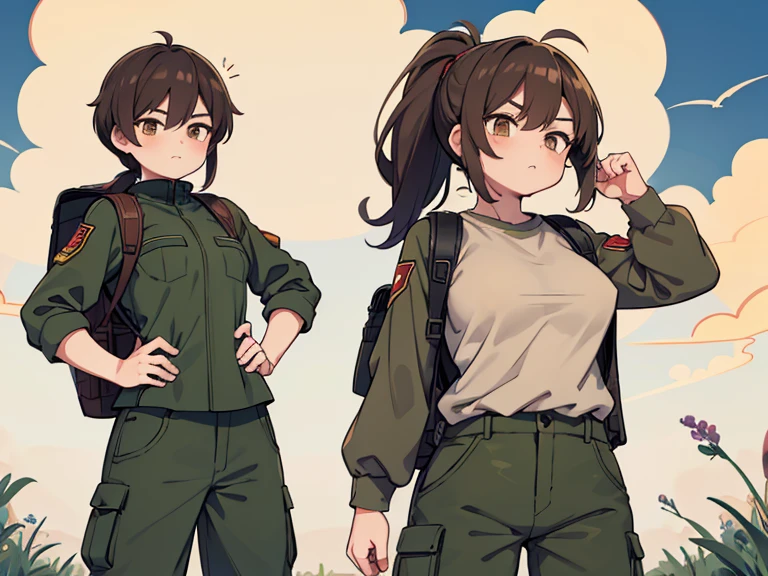 Two characters in a scene boy and girl (absolutely identical twins brother and sister)with the same cute beautiful girlish features, The first character is a handsome, modest, round-faced, brown-eyed boy with an ideal masculine physique., with semi-long brown hair tied in a ponytail, Military style (marsh color T-shirt, military style trousers with patch pockets, massive high infantry boots, backpack), and the second character is strong, very muscular feminist girl with aesthetic small breasts with beautiful erect nipples, with very tousled shaggy semi-long brown hair, hair between the eyes, Brown eyes, beautiful face, an athlete with well-developed proportional muscles, khaki racer jersey(absolutely no bra), military style trousers with patch pockets, massive high infantry boots, backpack; talk to each other, different emotions, free pose, free interaction with each other, against the backdrop of the nature of central Russia