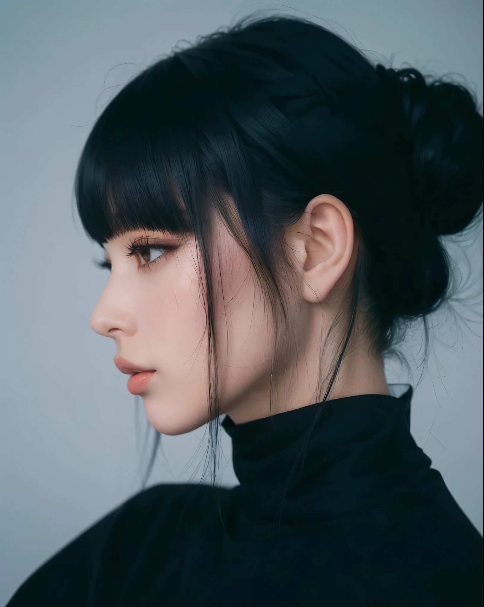 um close de uma mulher com uma blusa preta com gola alta, she has black hair Com franja, neat hair Com franja, Yoshitomo Nara, Sui Ishida com cabelo preto, com franja completa, chiho, Com franja, corte de cabelo preto hime, o corte Hime, Shikamimi, cabelo preto com franja, perfil de garota de anime